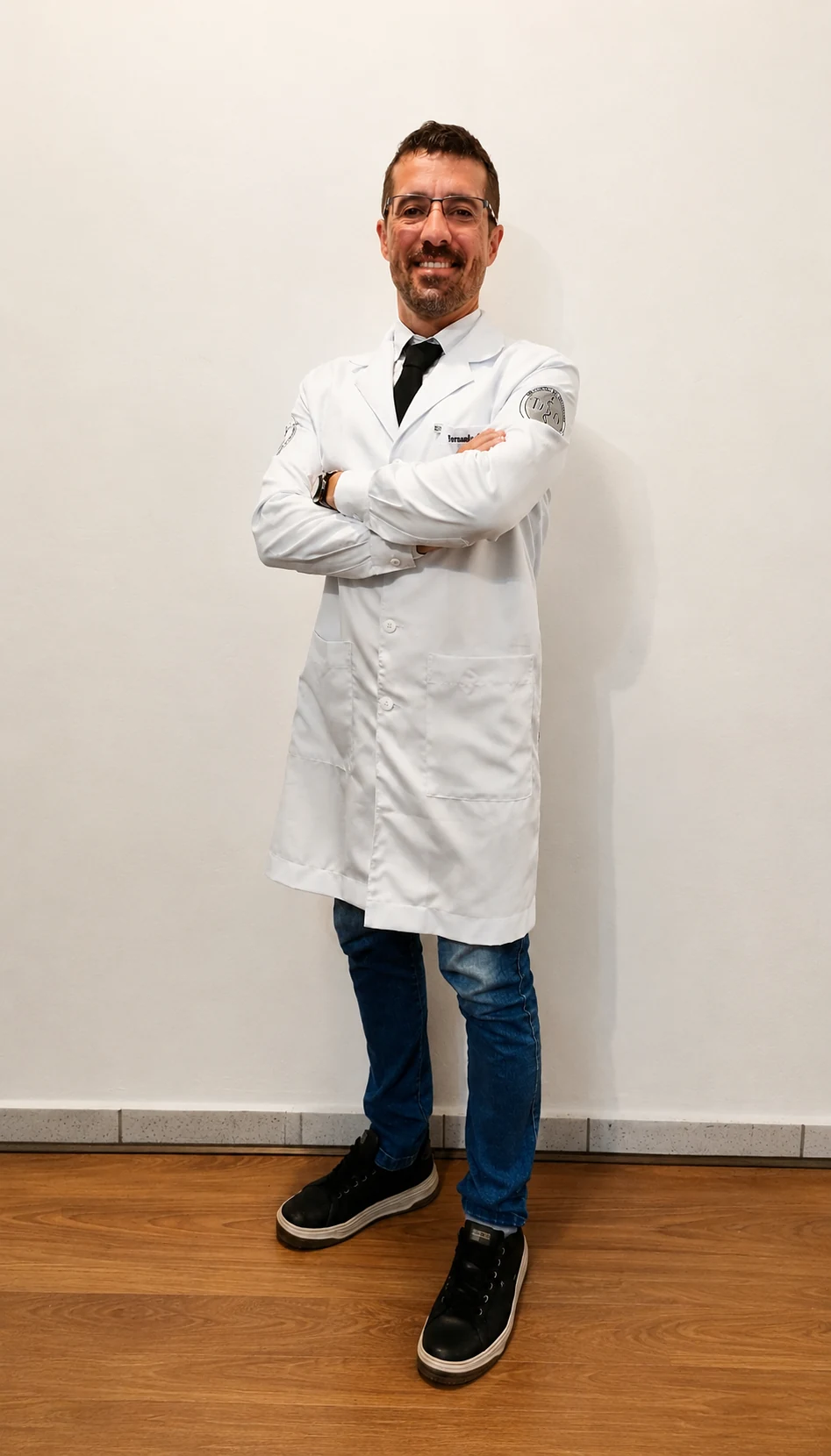 Dr. Fernando Guerra, fisioterapeuta osteopata, de jaleco branco e braços cruzados no consultório